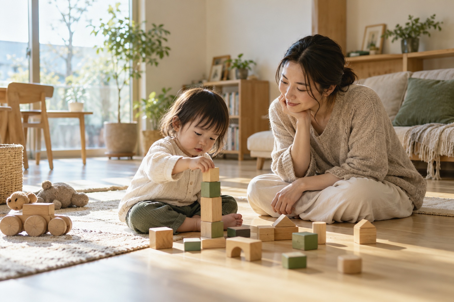 明るい家で木のブロックを積む子どもを、そばで見守る保護者